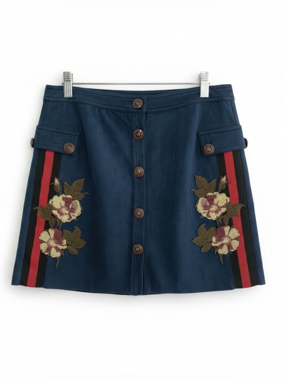 🆕 🌹🐝 GG Embroidered Floral Web Stripe Button Front Skirt 🐝🌹